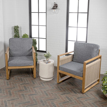 Gable Mid-Century Modern Roped Acacia Wood Outdoor Patio Chair with Cushions - JONATHAN Y
